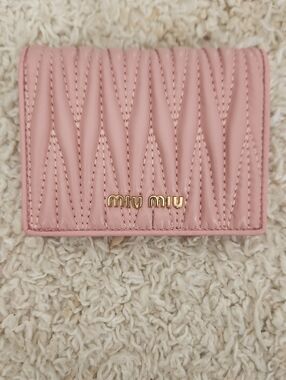 Miu Miu Quilted Pink Matelassé Compact Wallet with Gold Logo